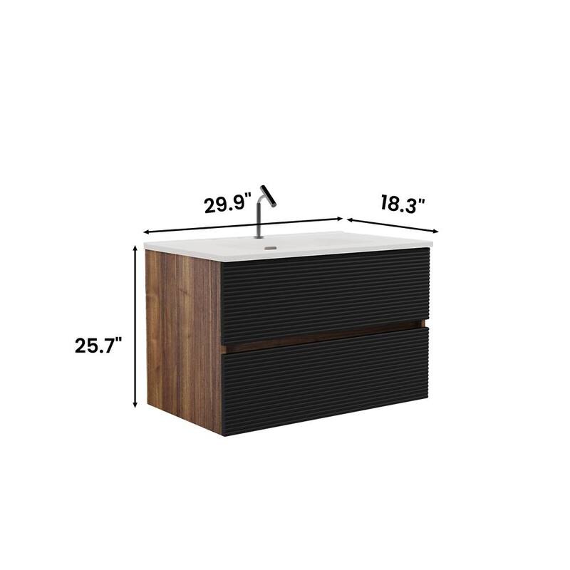 GDFStudio - Gloria Modern Wall-Mounted Floating Bathroom Vanity with Integrated Ceramic Basin & Soft-Close Drawers