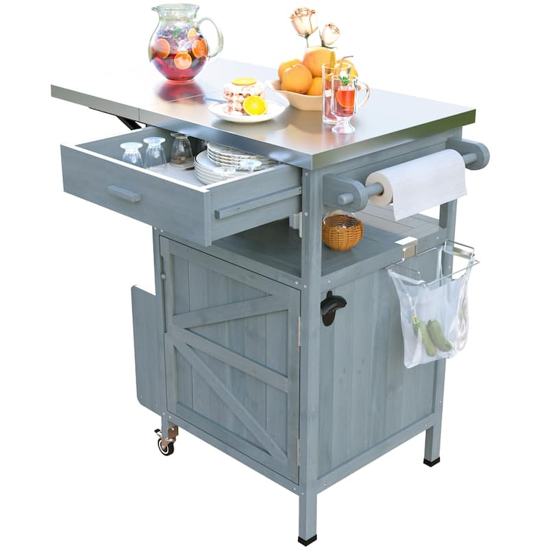 40.5" Outdoor Grill Cart with Stainless Steel Top,Solid Wood Outdoor Storage Cabinet with Drop Leaf - N/A