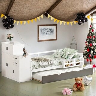White Wood Platform Bed with Bookshelf,Trundle,Twin Size