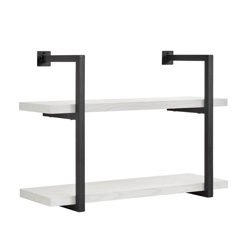 Danya B. Modern 2-Tier Hanging Bracket Wall Shelves in Black Metal and White Birch Finish