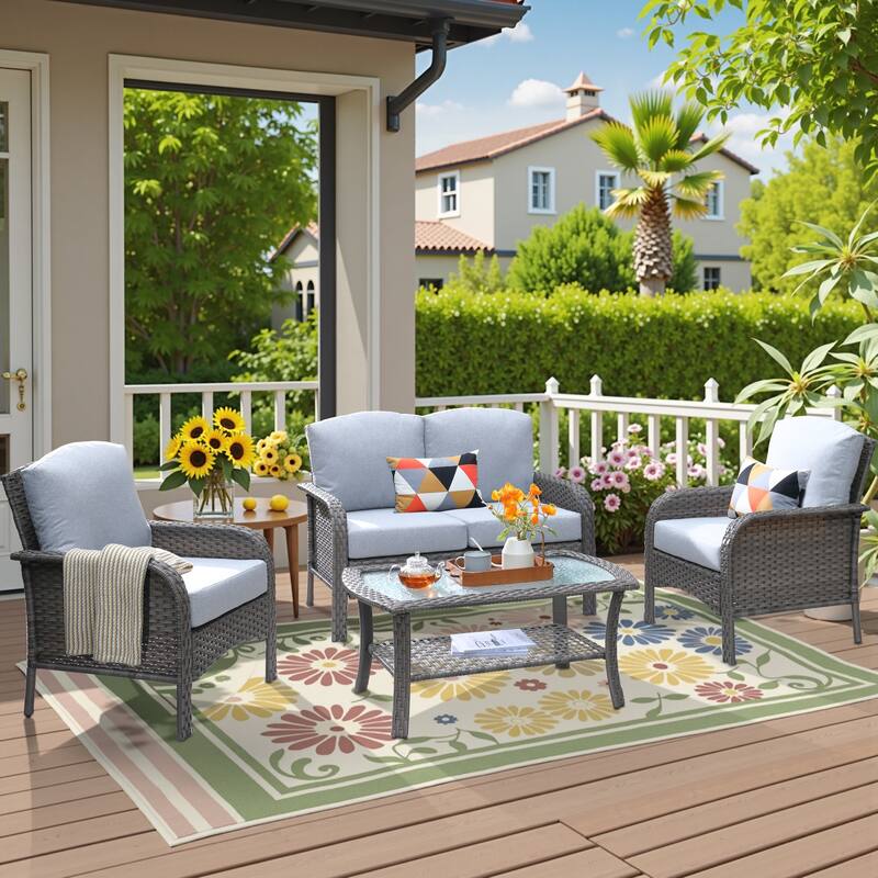 HOOOWOOO 4-piece Wicker Outdoor Conversation Sofa Set with Glass Coffee Table - Grey