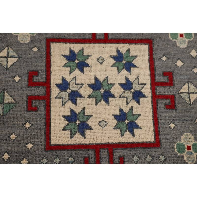 Geometric Gray Kazak Oriental Area Rug Handmade Wool Carpet - 6'4" x 10'0"