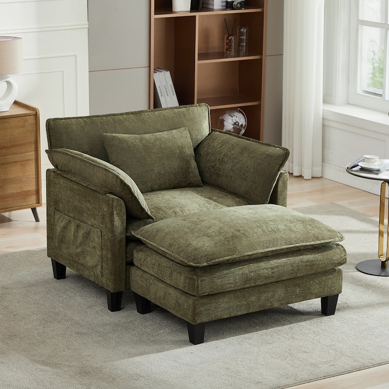 Oversized Single Sofa Chair with Ottoman, Double-Layer Seat Cushion, Chenille Fabric Lounge Chair, Living Room Reading Chair - Green