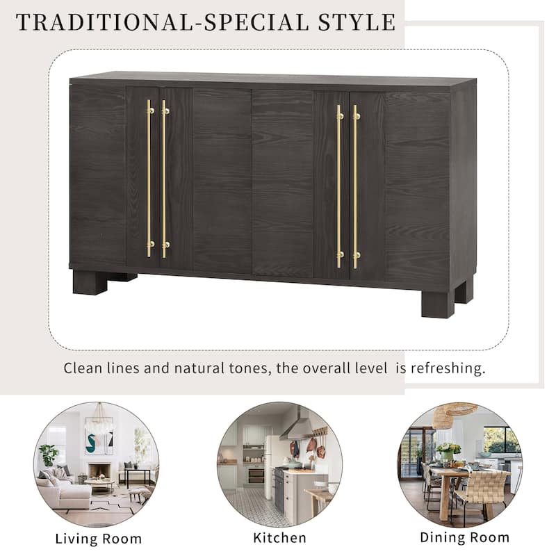 Traditional Style Wood Sideboard Buffet with Adjustable Shelves and Gold Handles
