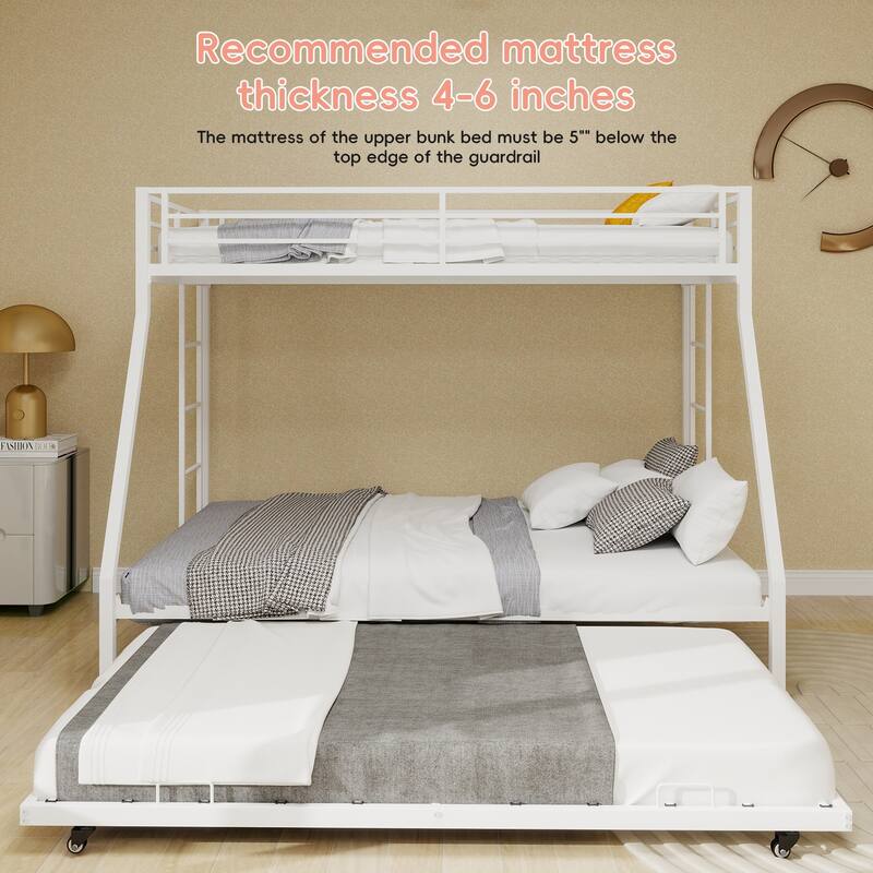 Modern Minimalist Square Tube Bunk Bed with Ladder & Rolling Trundle, Queen Size, White