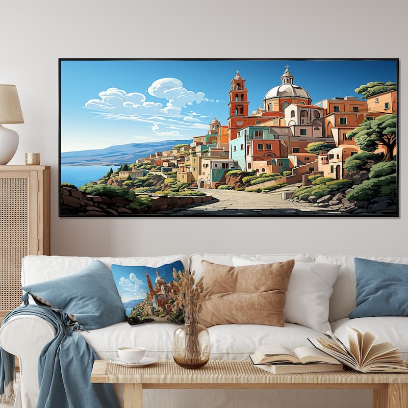 Designart "Italian Village By The Coast II" Landscape Italy Green Wall Decor - Global Entryway Framed Wall Art - 60 in. wide x 28 in. high - Black