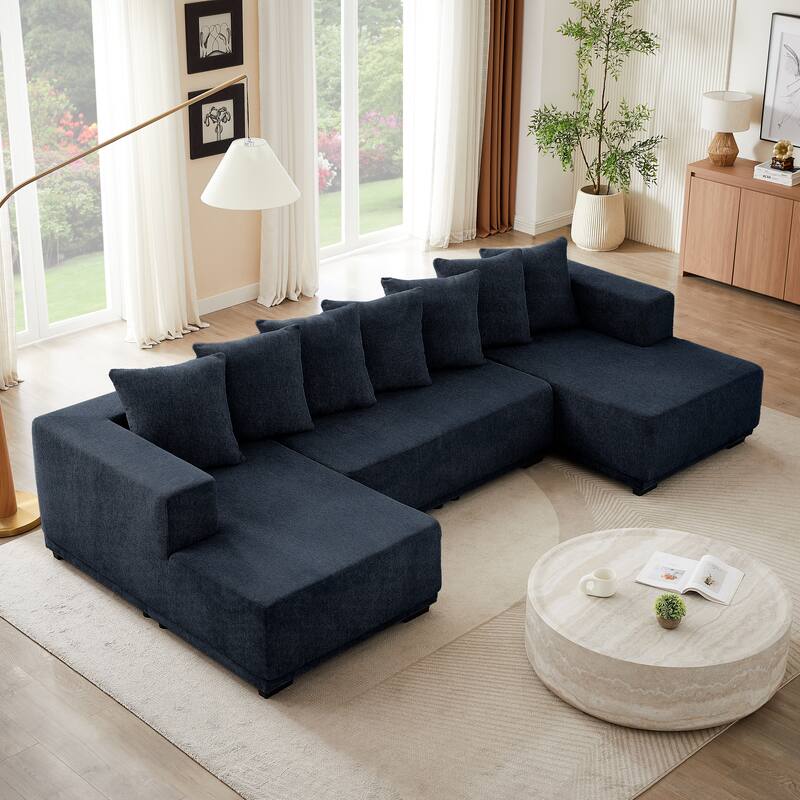 Blue Chenille U-Shaped Sofa Set, Modular Cloud Couch, 128x61x35 inches, 227 lbs