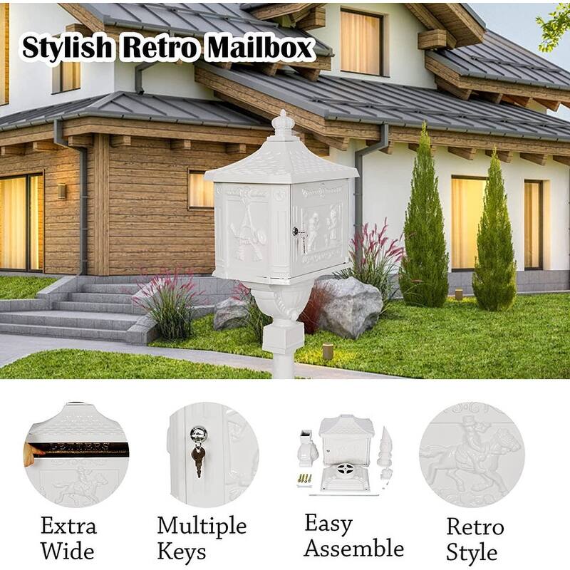 Retro Mid-century Aluminum Cast Mailbox with Post and Keys, Locking Residential Rust-Proof Security Postal Mailboxes