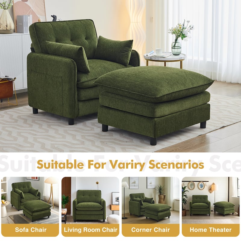 Upholstered Chenille Oversized Accent Armchairs with Ottoman and Side Pocket