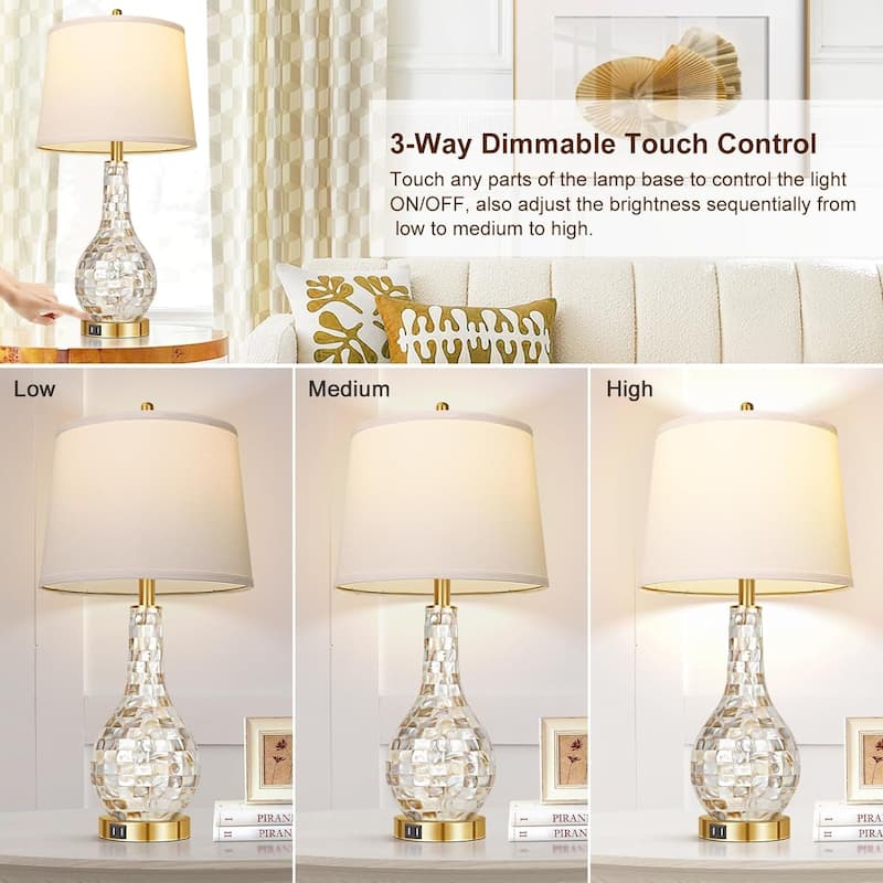 Set Of 2 Gold Shell Pearl Tile Table Lamp, Coastal Style Bedside Table Lamp With USB Port, 3-Way Touch Control Lamp Included