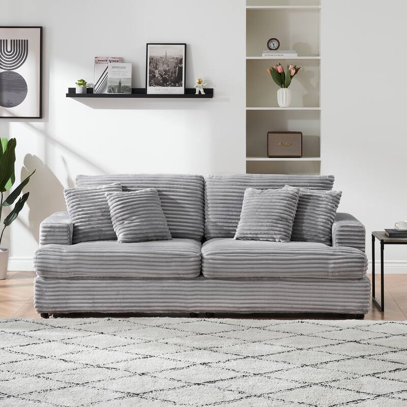 88.58 Inch Gray Corduroy 3-Seater Sofa with 4 Matching Throw Pillows, Modern Minimalist Design, Easy Assembly