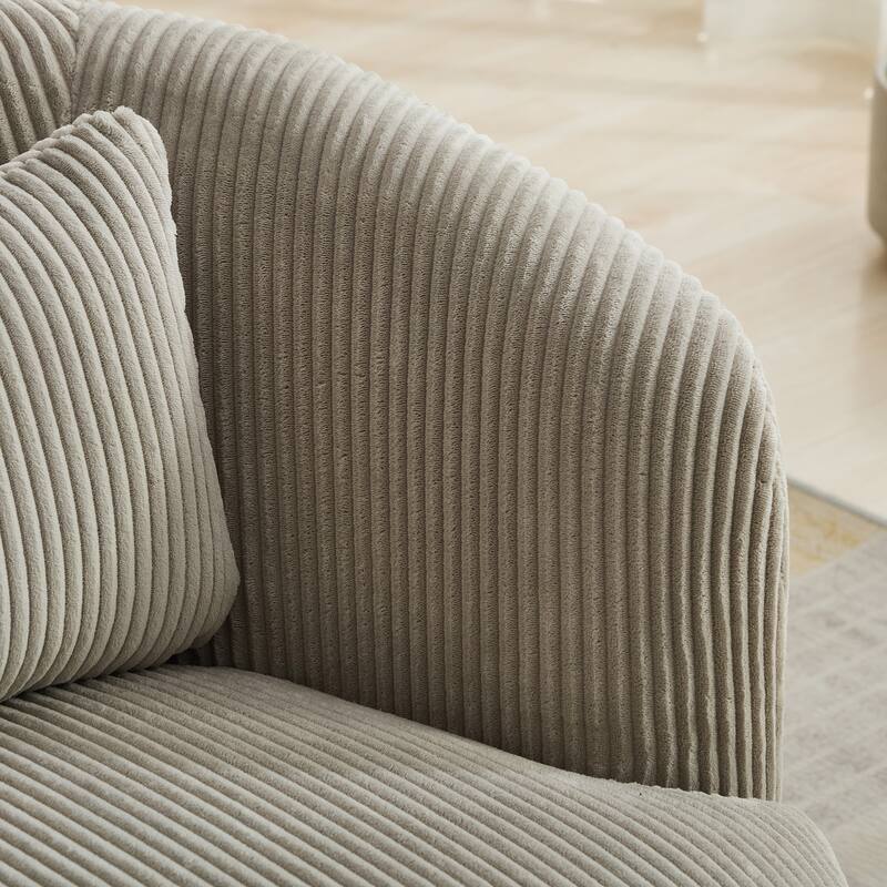 Corduroy Swivel Barrel Chair, Round Leisure Single Sofa Chair, Upholstered Accent Chair with Pillow & Stripe Curved Backrest