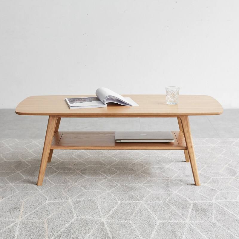 Grondin Nordic Natural Solid Wood 2-Tier Coffee Table with Shelf, Rectangle Accent Cocktail Table
