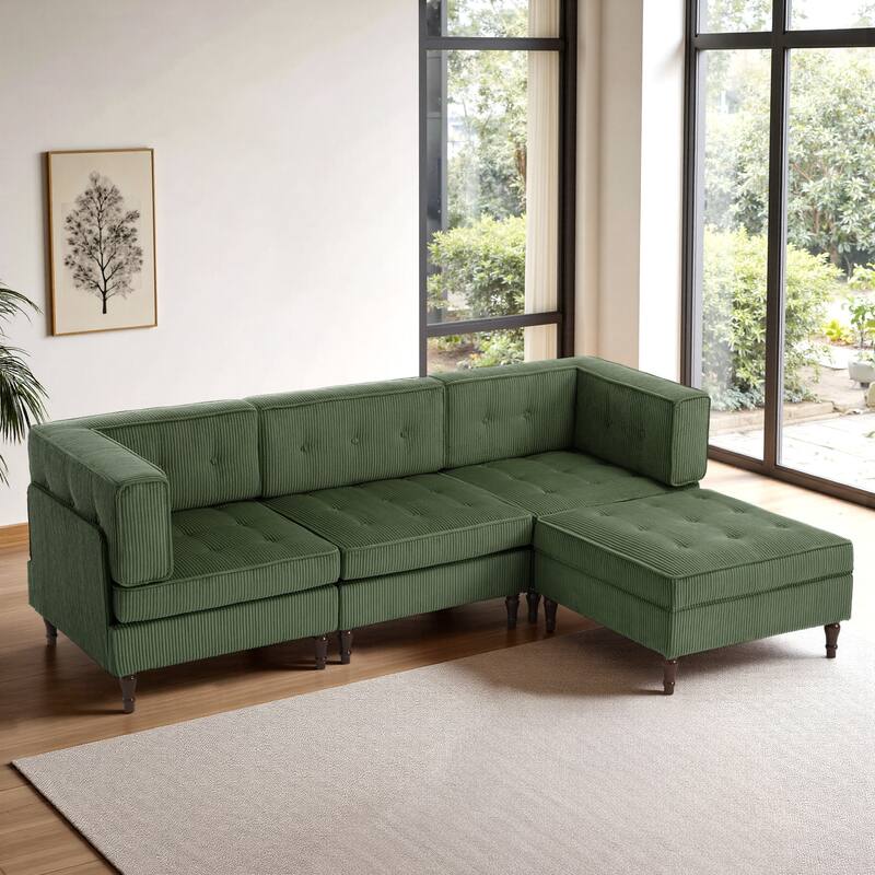 UIXE 4 - Piece Corduroy Sectional Sofa with Flip-Top Storage Ottoman Coffee Table - Green