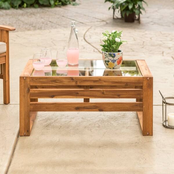 slide 1 of 8, Middlebrook Hudson Acacia Frame Coffee Table with Glass Top Brown