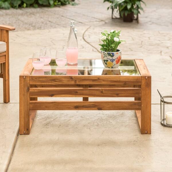 slide 2 of 8, Hudson Brown Acacia Outdoor Coffee Table with Glass Top