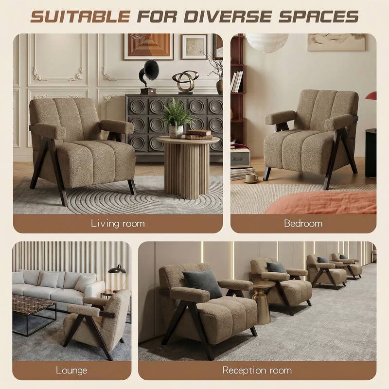 Mid Century Modern Accent Chair, Solid Wood Upholstered Armchair with Wide Backrest and Thick Cushion