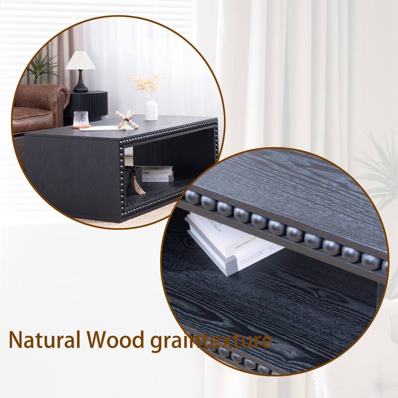 Rustic Beaded Edge Coffee Table -47.6" Rectangular Center Table with Open Storage Shelf