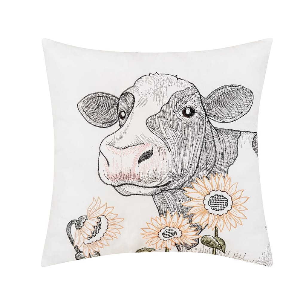 18" x 18" Happy Sunflower Cow Indoor / Outdoor Embroidered Throw Pillow