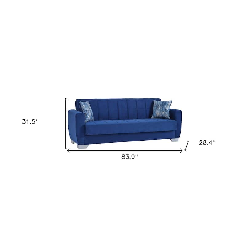 HomeRoots 84" Blue Microfiber Convertible Futon Sleeper Sofa With Toss Pillows And Storage