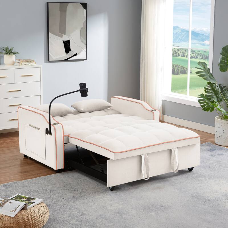 Modern Sofa Velvet Pull-out Bed, Adjustable Back and with USB port