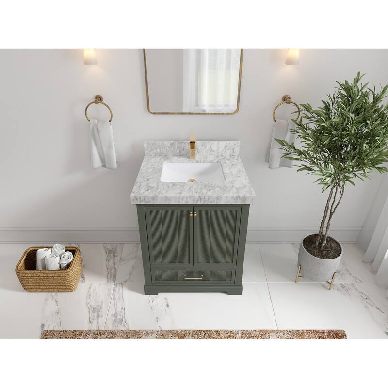 Willow Collections 30 in. W x 22 in. D Alys Single Sink Bathroom Vanity with Countertop - 2"Carrara Marble - Pewter Green