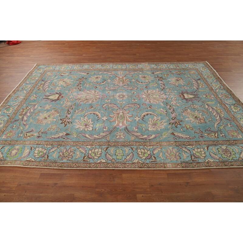 All-Over Blue Floral Tabriz Persian Area Rug Hand-Knotted Wool Carpet - 6'9"x 9'8"