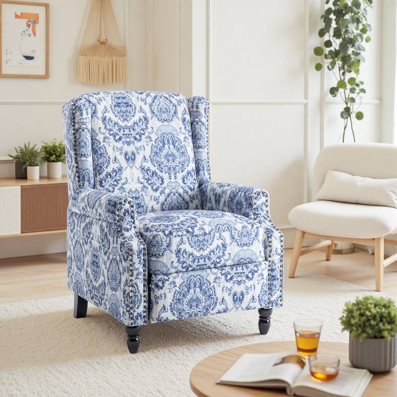 Linen Manual Upholstered Recliner with Wood Legs - NAVY