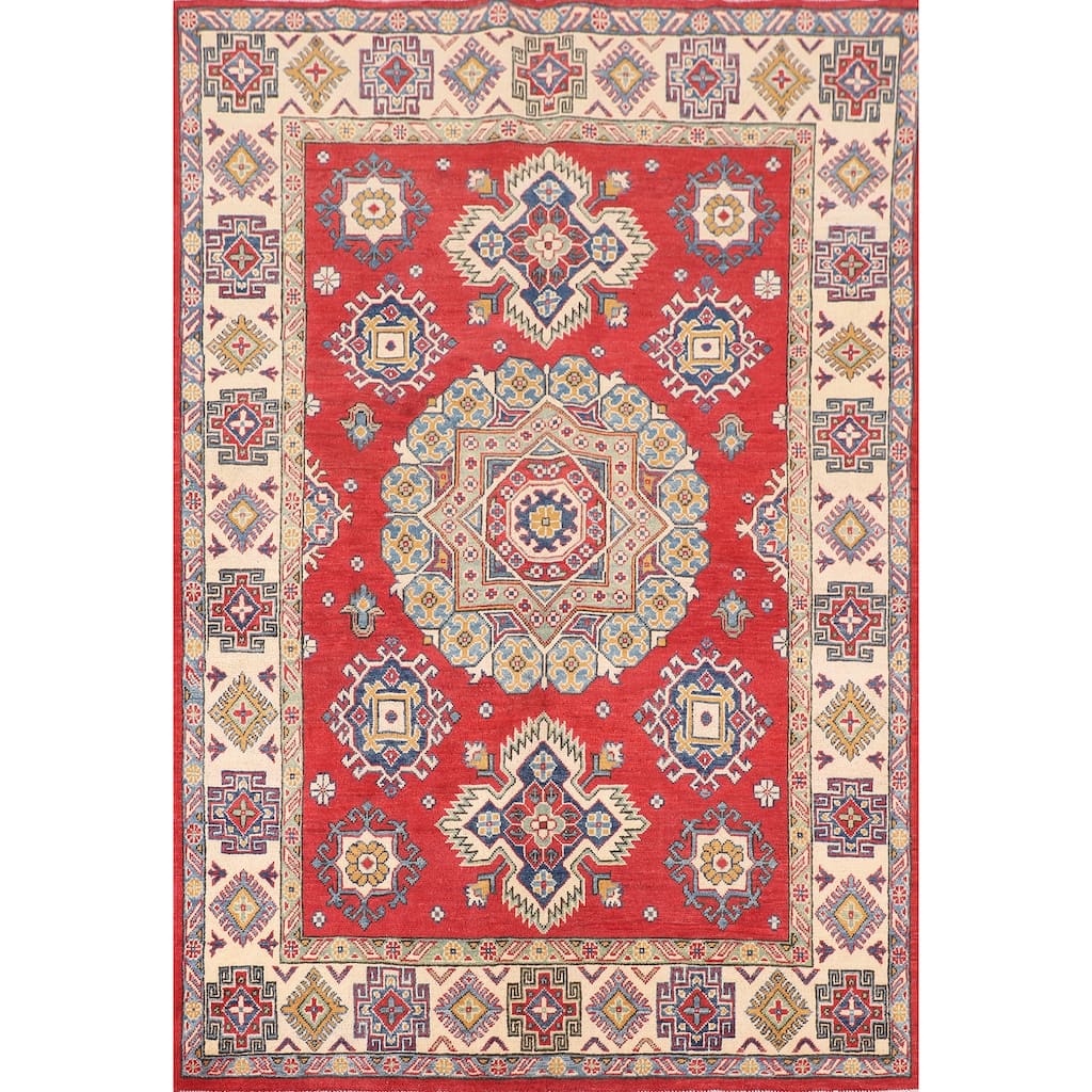 Geometric Kazak Oriental Area Rug Handmade Red Wool Carpet - 4'11" x 7'1"