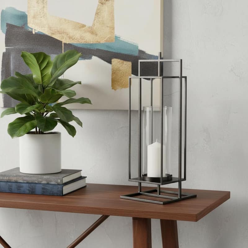 24" Black Geometric Metal Tabletop Lantern Candle Holder - Black