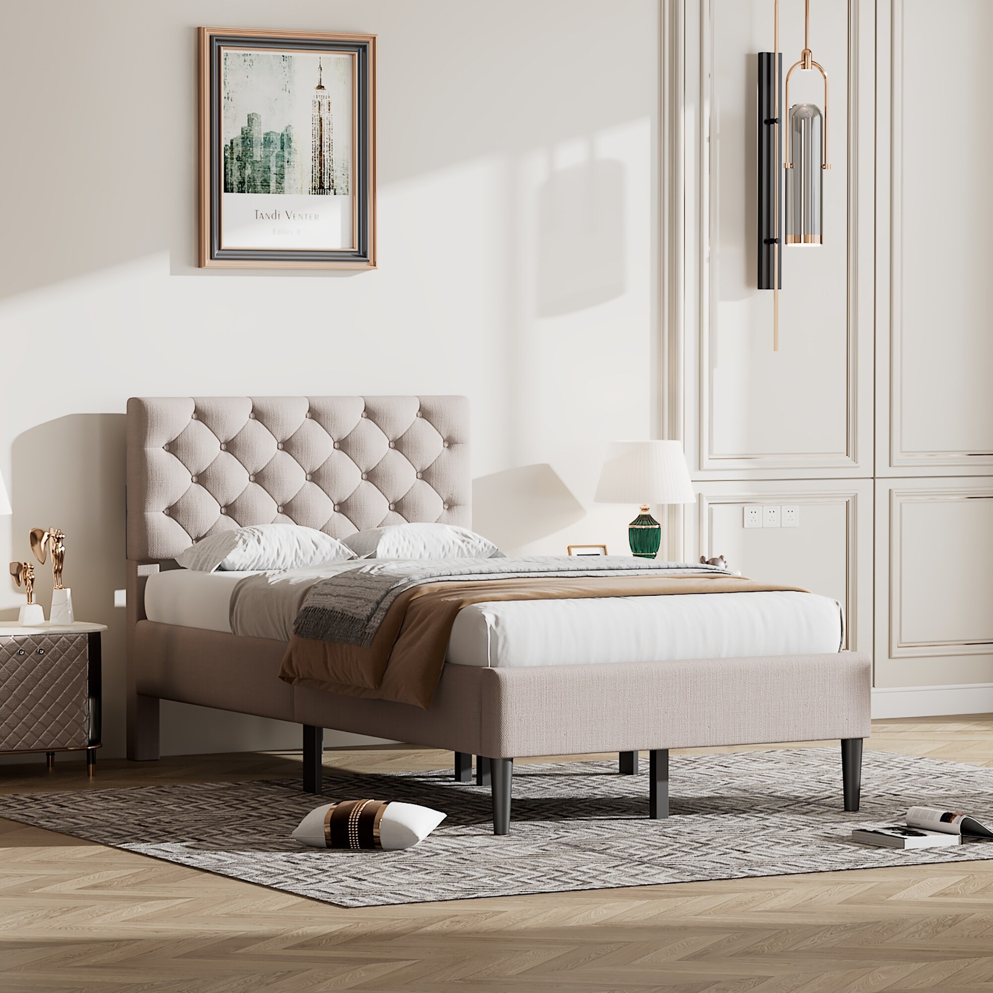 選べる色リネンTuftedボタンベッドヘッドボードQueen/Beige Amazon.com: ACQCA Queen Size Upholstered Platform Bed with