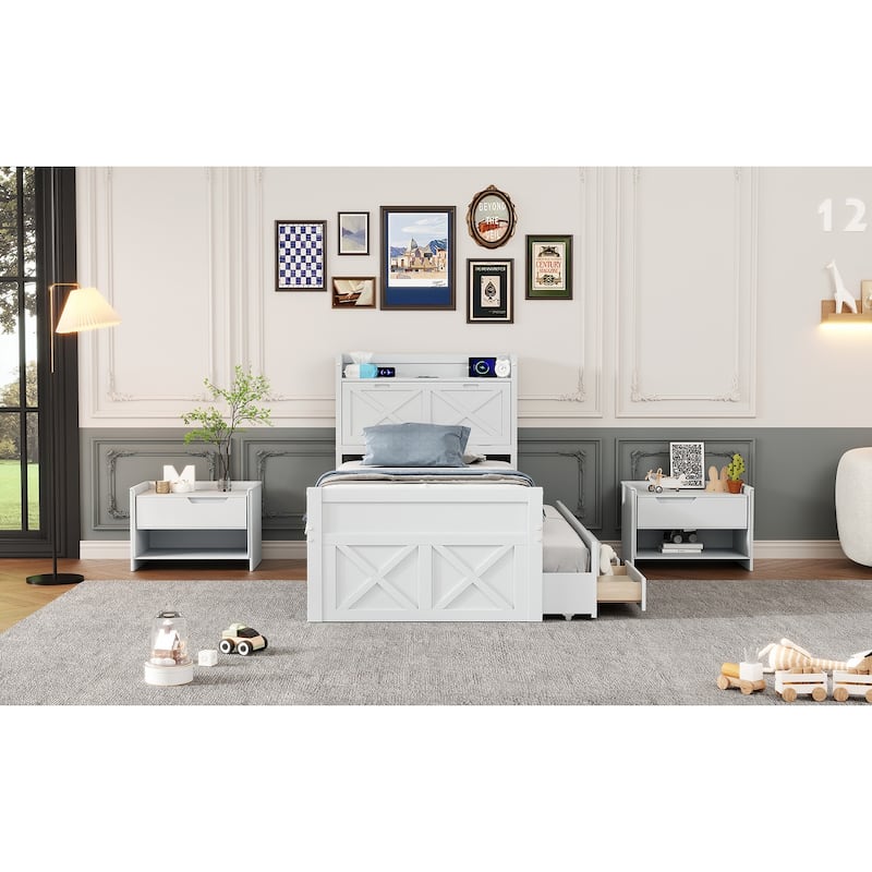 White Twin Size Extendable Wooden Platform Bed with Storage Headboard,Three Storage Drawers and Trundle
