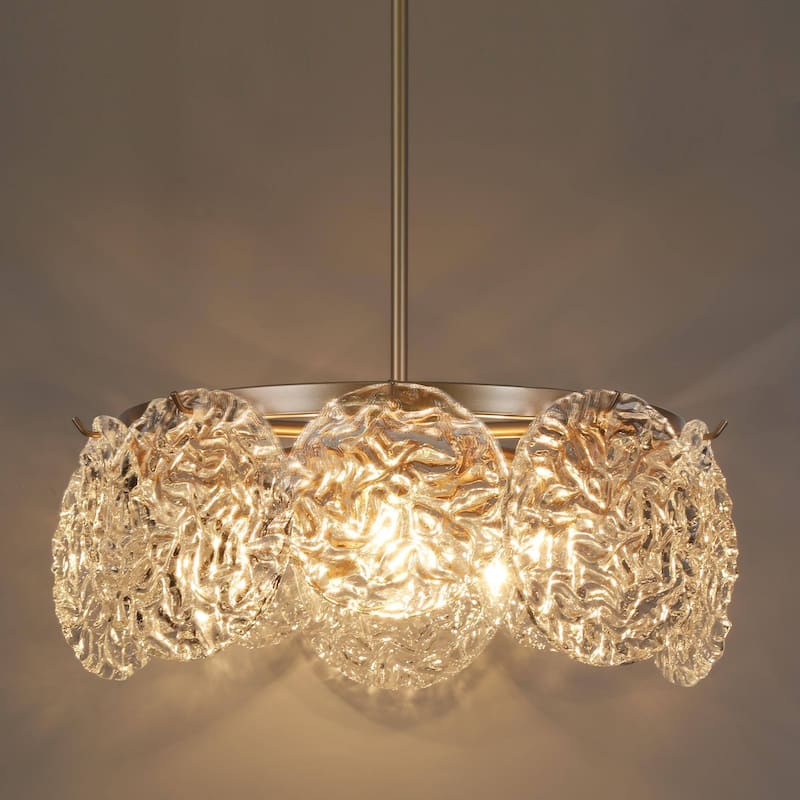 Modern Glam 5-Light Gold Drum Chandelier Glass Pendant Lights for Dining Room