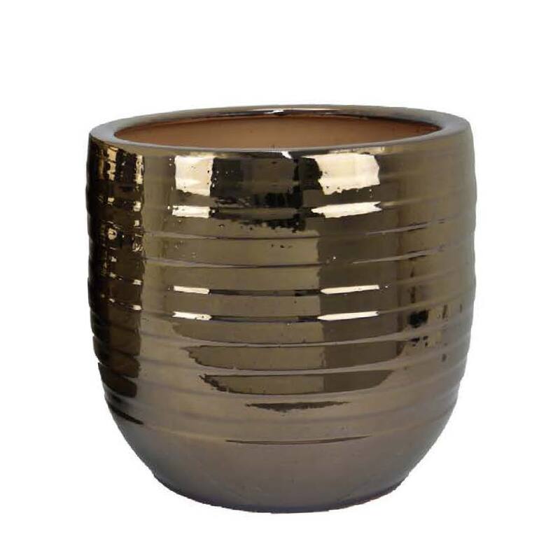 Paulo Barrel Planter Set of 2, Raised Ribbed Gold Ceramic 19, 15 Inch