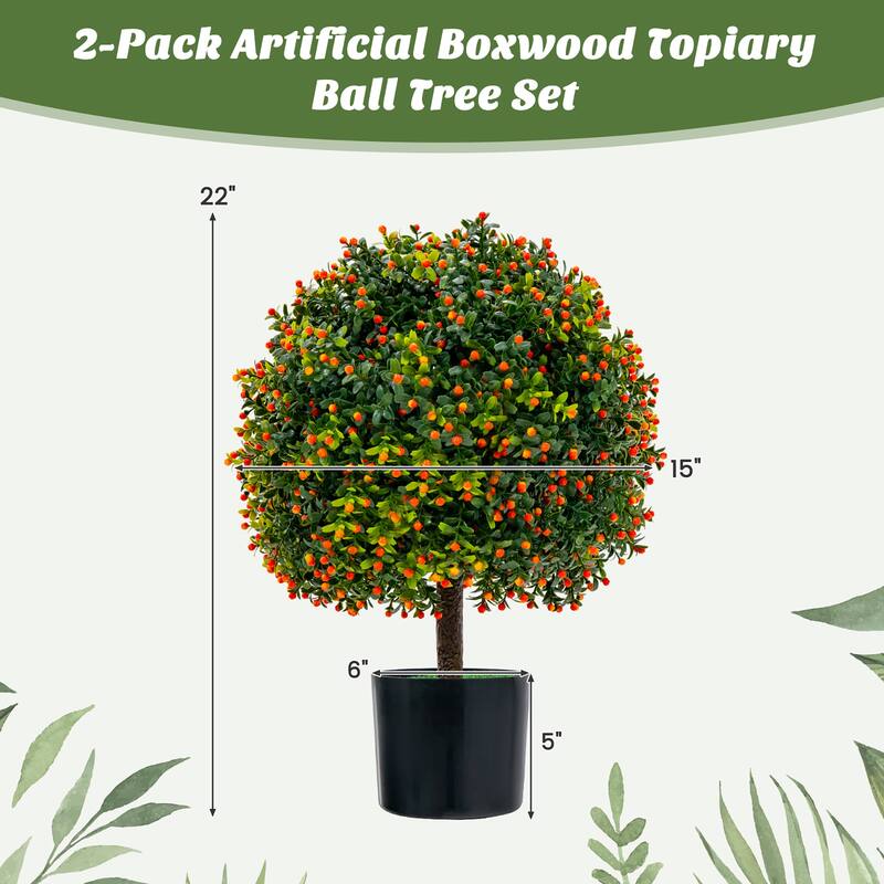 Costway 22'' Artificial Boxwood Topiary Ball Tree 2-Pack Faux Potted - See Details