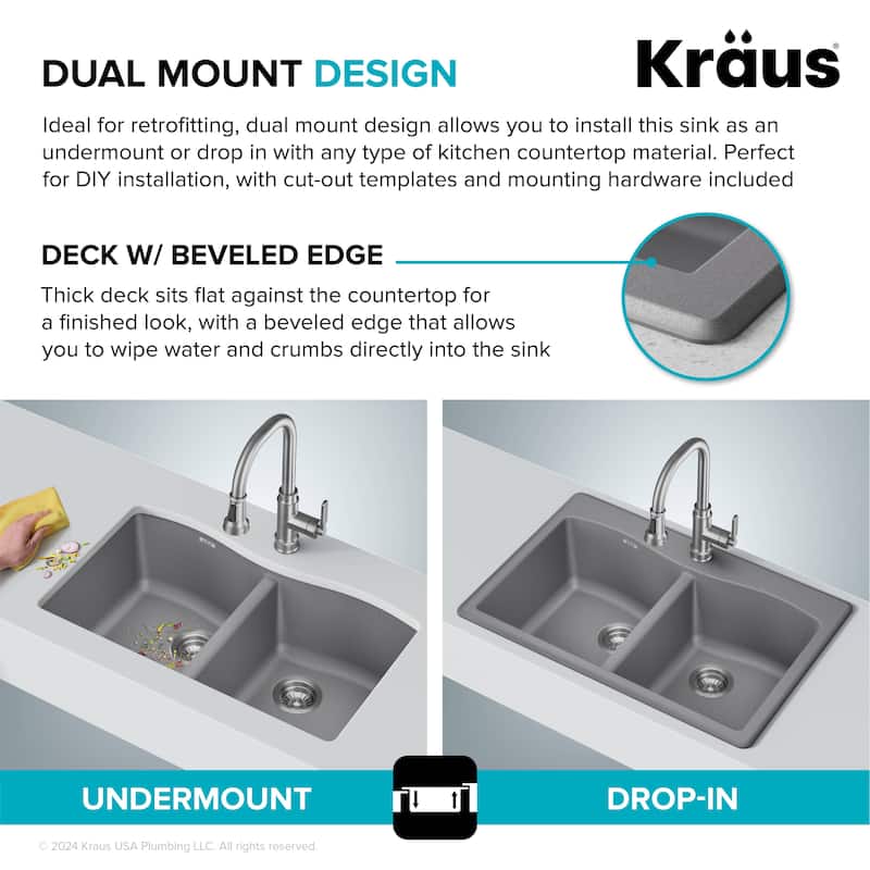 KRAUS Forteza Granite 33 inch 50/50 Undermount Drop-in Kitchen Sink
