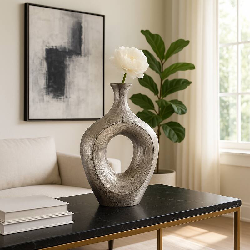 Modern Ceramic Textured Oval Cut-Out Vase - Home Decor - 13"