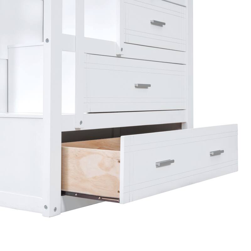 White Twin Over Twin Bunk Bed with Trundle, Staircase and Storage Drawers, Space-Saving Design