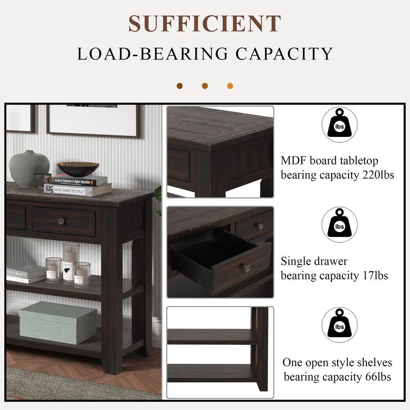 48'' Solid Pine Wood Top Console Table, Modern Entryway Sofa Side Table with 3 Storage Drawers and 2 Shelves
