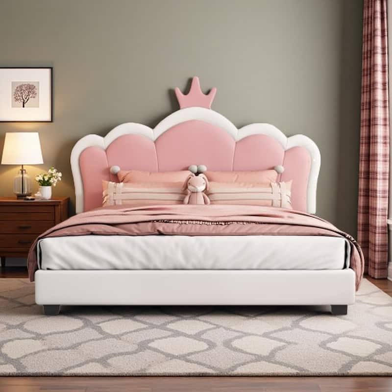 Twin Upholstered Platform Bed with Crown-Shaped Headboard, Pink & White Princess Design, Sturdy PU Leather Frame - Full White - Full