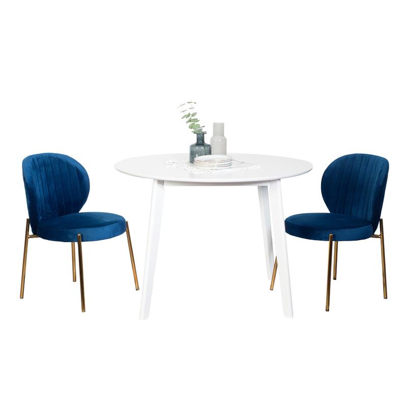 3-Piece Dining Set with 2 Blue Velvet Chairs and Round Dining Table