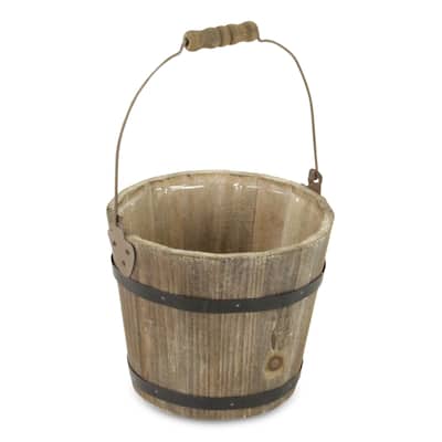 Brown Wooden Farmhouse Style Bucket Planter with Handle - Dia: 7" x Base: 5" x H: 5.75"