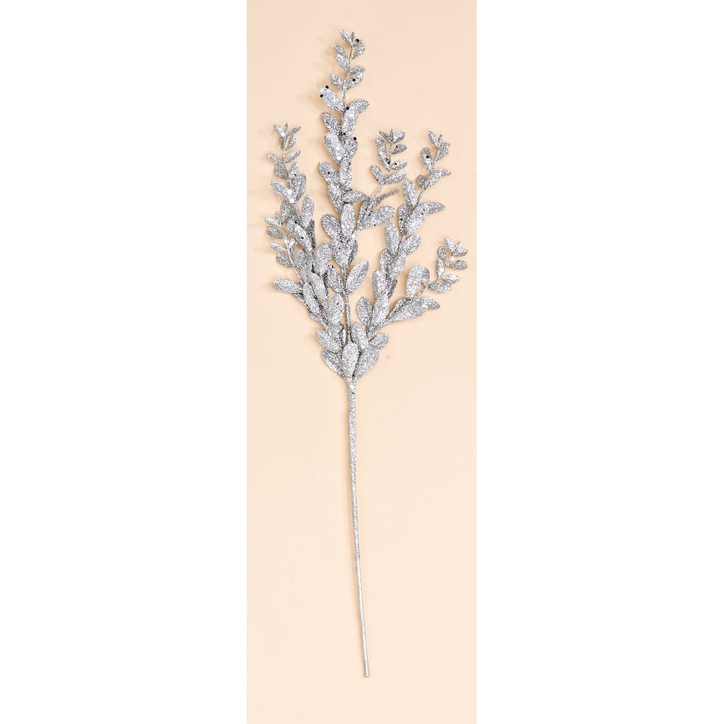 20" Glitter Leaves Spray, Silver, Set of 3 - Silver