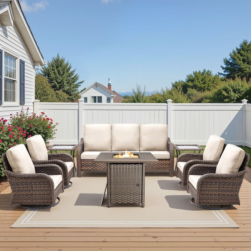 Pocassy Patio Sofa Swivel Chair with Fire Table Funiture Set - Beige Cushion - Brown Wicker - 8-Piece Sofa Swivel Chair Ottoman w/ Fire Table