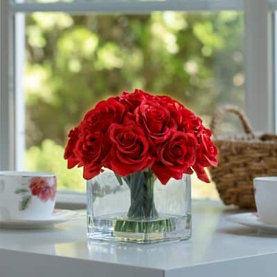 Enova Home Artificial Silk Rose Flowers in Cube Glass Vase with Faux Water for Home Office Decoration - N/A