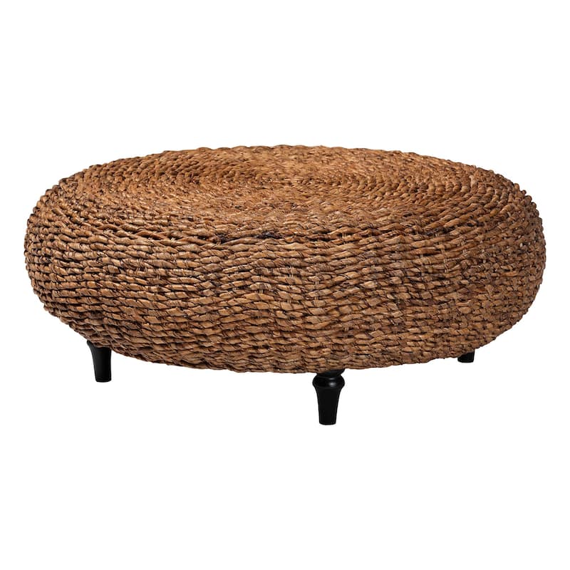 Riau Handwoven Seagrass Coffee Table with Wooden Legs - Natural Wicker Round Living Room Table for Living Room or Bedroom Décor - Natural Brown