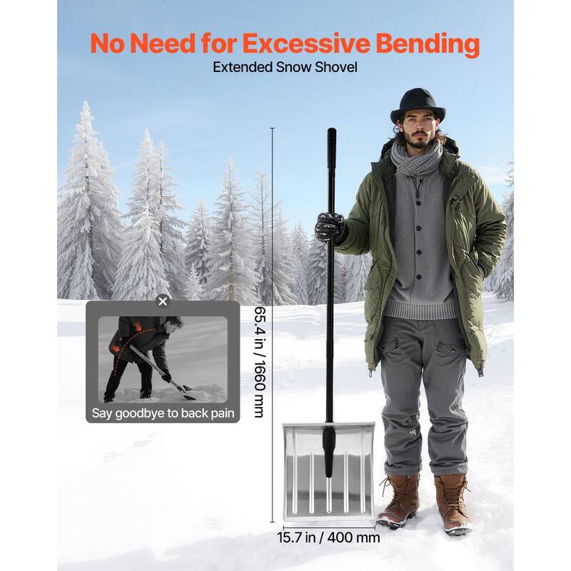 Large Snow Shovel 16 Inch Aluminum Blade with Straight Steel Handle for Outdoor Snow Removal - 66 x 16 in