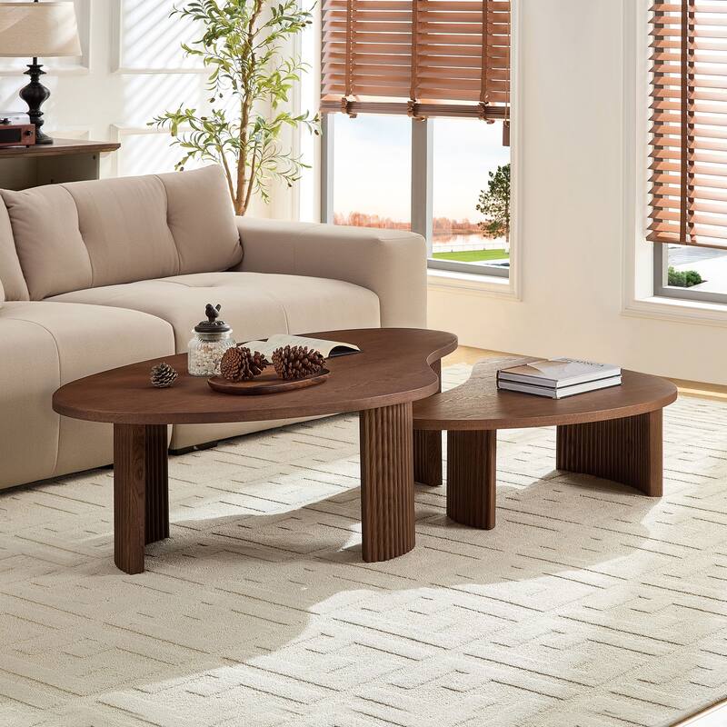 Irregular Shape Coffee Table Set, Two-Piece Staggered Height End Table, Accent Table with Embossed Legs