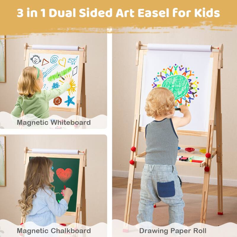 Gymax Wooden Art Easel for Kids 3 in 1 Height Adjustable Foldable