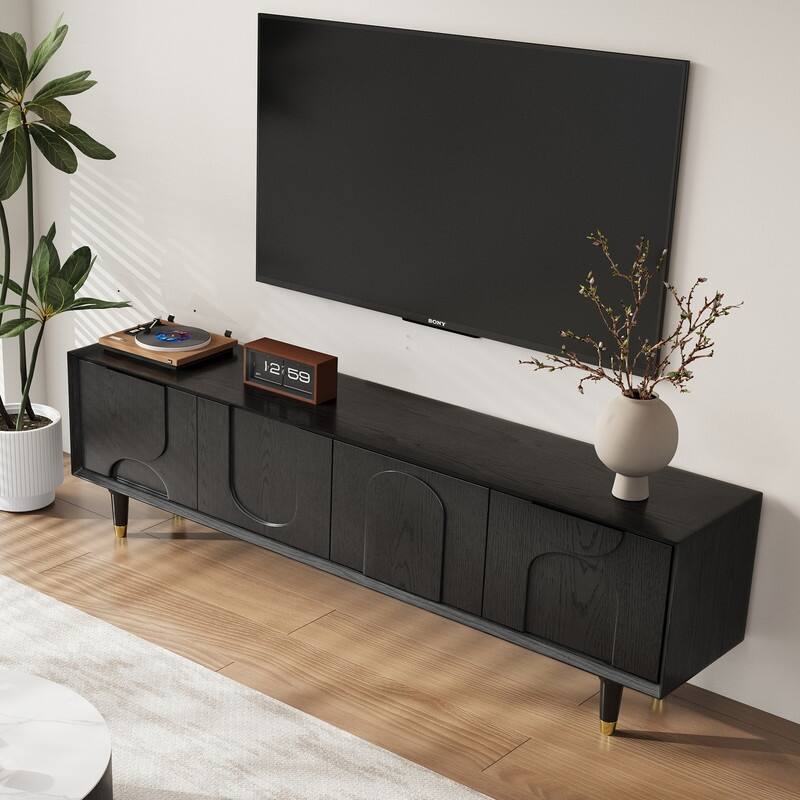 71" Black Mid-Century Modern TV Stand for 75 Inch TV, Media Console Entertainment Center with 4 Doors and Solid Wood Legs